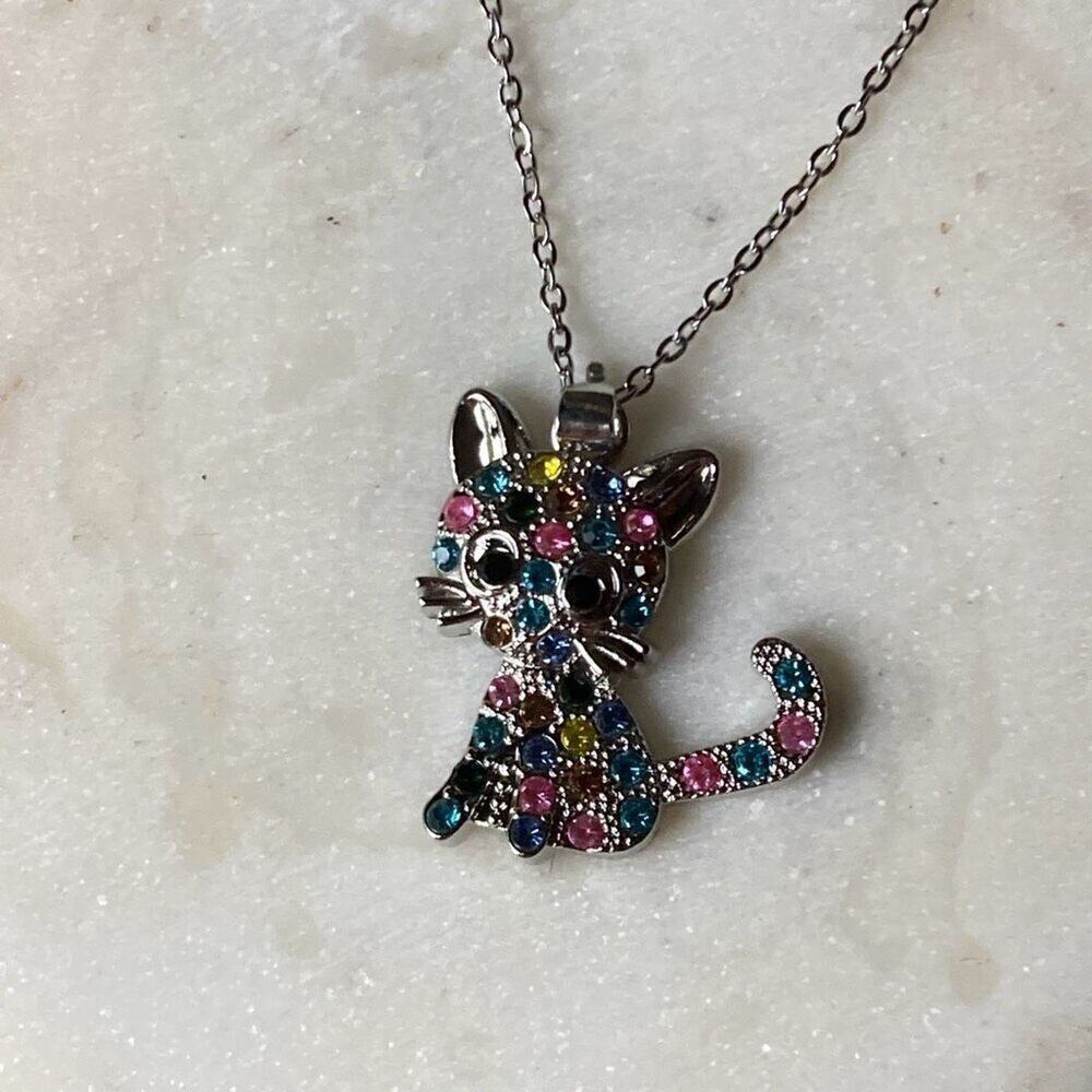 Multi colored gem cz kitty cat kitten necklace